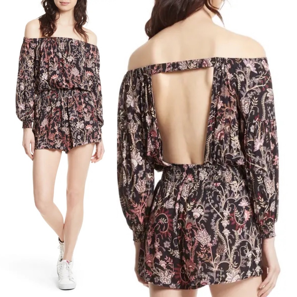 free people | pretty & free floral smocked romper black pink s